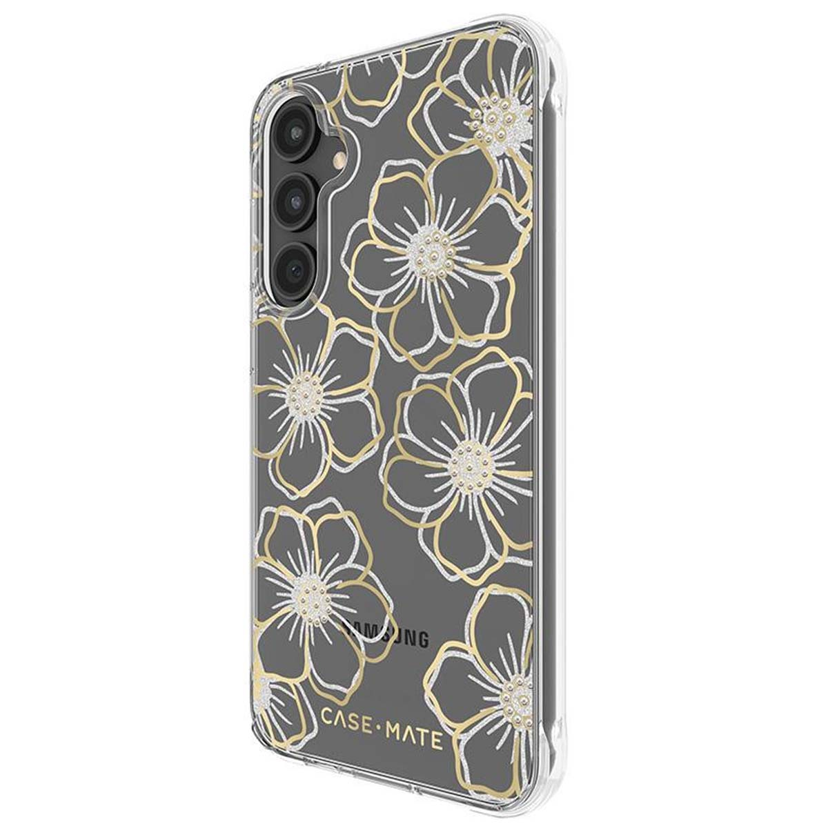 Transparente Handyhülle mit goldrandigen Blumen auf grauem Hintergrund. Samsung-Logo sichtbar.