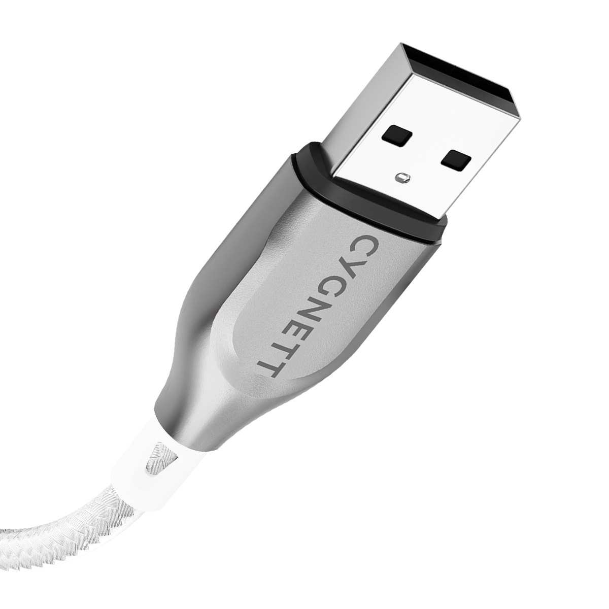 Ein silberner USB-Stecker mit dem CYGNETT-Logo und einem weißen, geflochtenen Kabel.