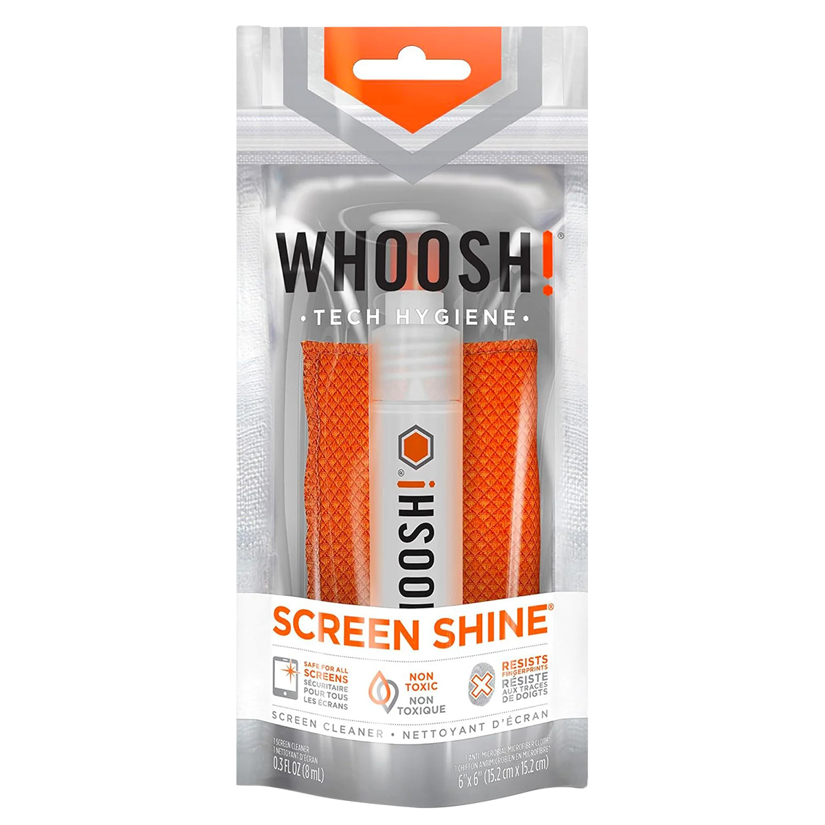 WHOOSH! Screen Shine Set mit Sprühflasche und orangenem Mikrofasertuch.