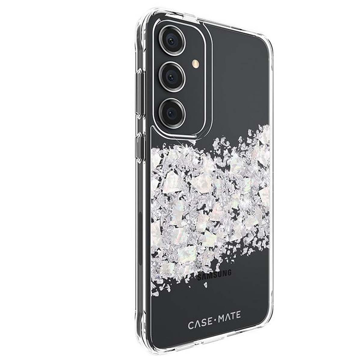 Custodia trasparente per telefono con glitter argentati e tre obiettivi.