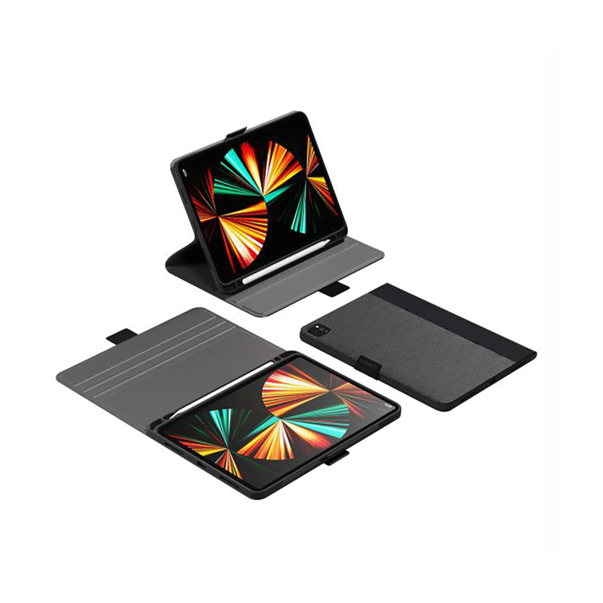 Due tablet con schermi colorati in custodie grigie. Una è in piedi, l'altra è aperta.