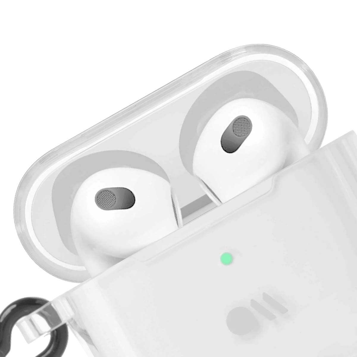 Auricolari bianchi in una custodia di ricarica trasparente con luce verde.