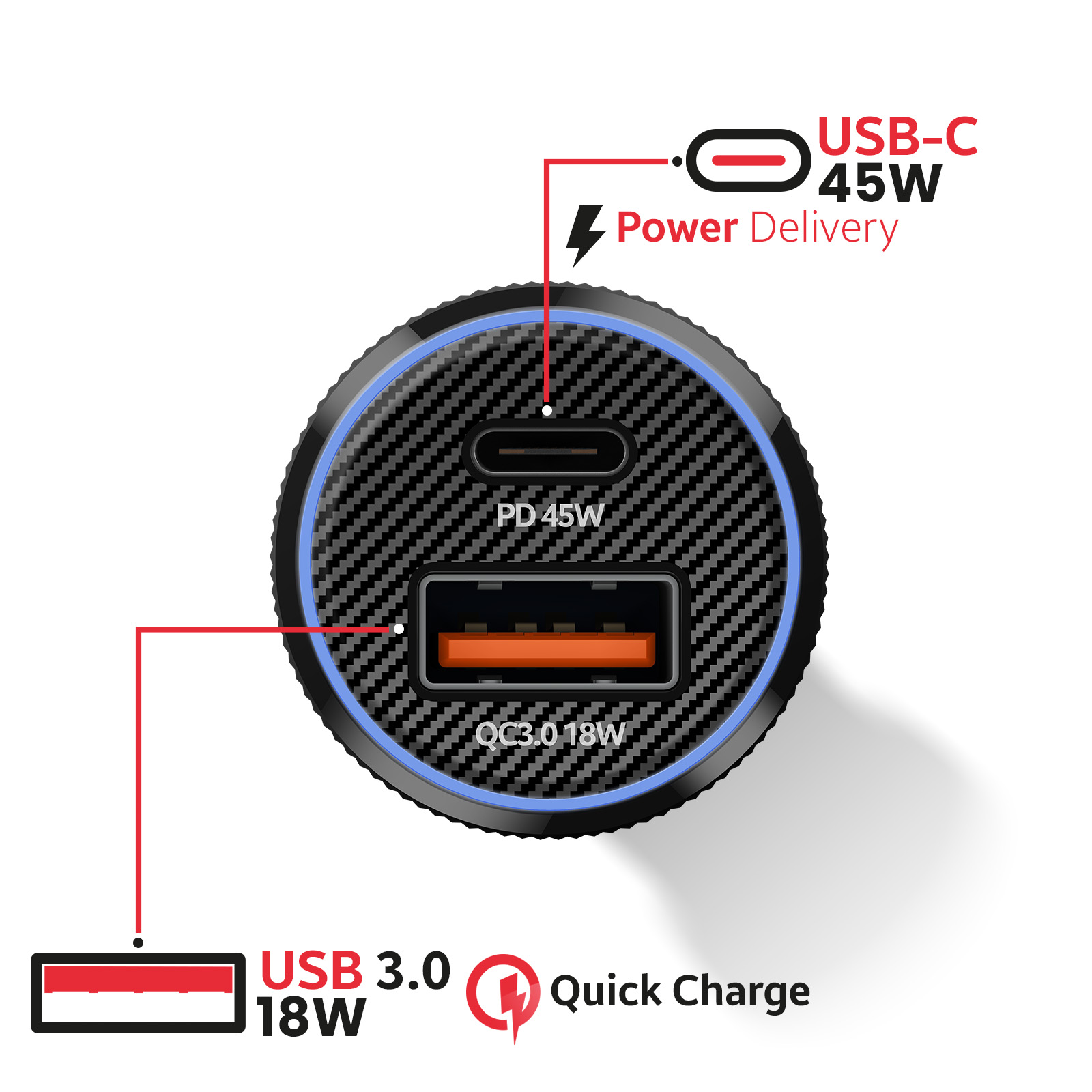 Runder schwarzer Ladegerät mit USB-C (45W PD) und USB-A (18W QC3.0).
