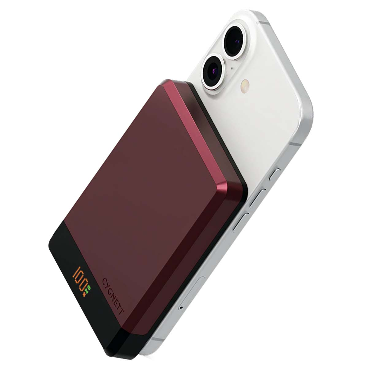 Un power bank Cygnett rosso con 100% di carica attaccato a un iPhone bianco.