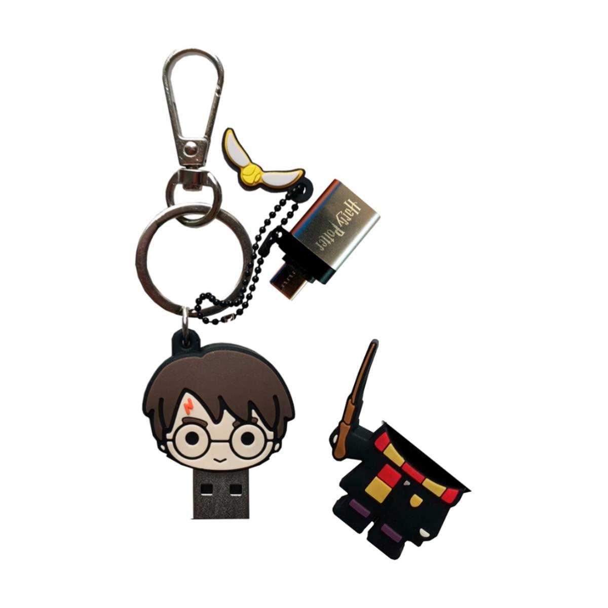 Harry Potter Schlüsselanhänger mit USB-Stick, Schnatz und Zauberstab.
