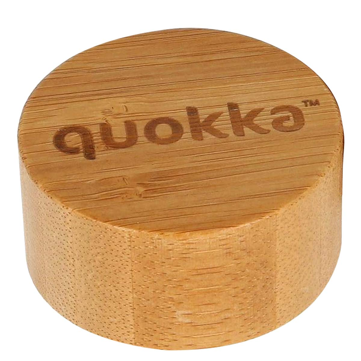 Un coperchio rotondo in legno con il logo inciso "quokka".