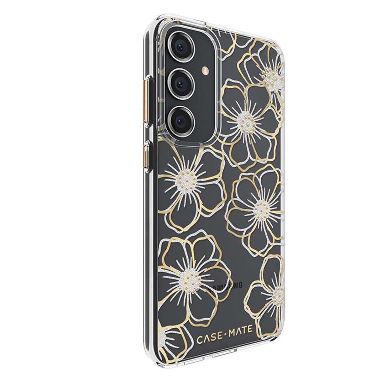 Custodia trasparente per telefono con fiori dorati e ritaglio fotocamera.