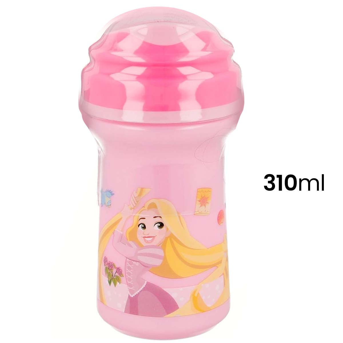 Un bicchiere rosa con Rapunzel, capacità 310ml.