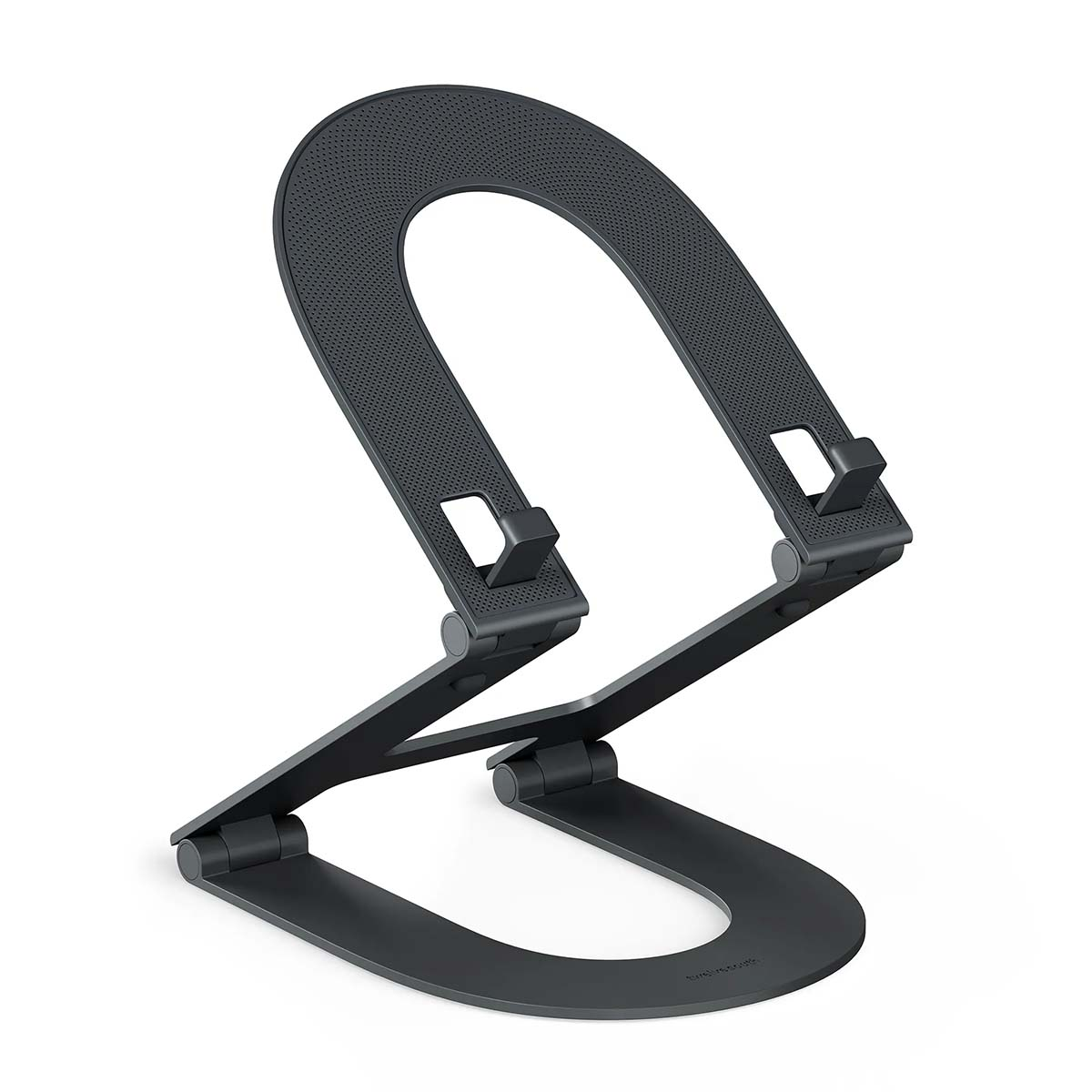 Un support d'ordinateur portable noir réglable avec surfaces de repose caoutchoutées.