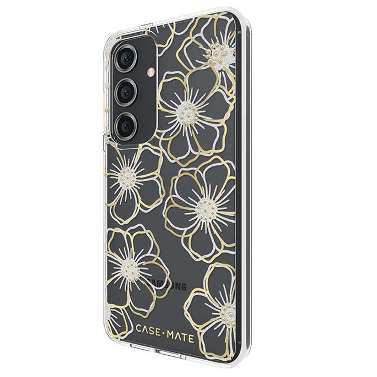 Una custodia per telefono trasparente con motivo floreale oro e bianco.