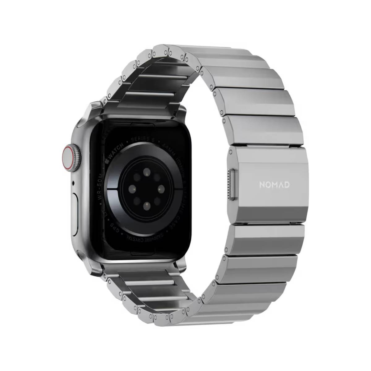 Un Apple Watch Series 6 argento con cinturino in metallo, che mostra i sensori posteriori.