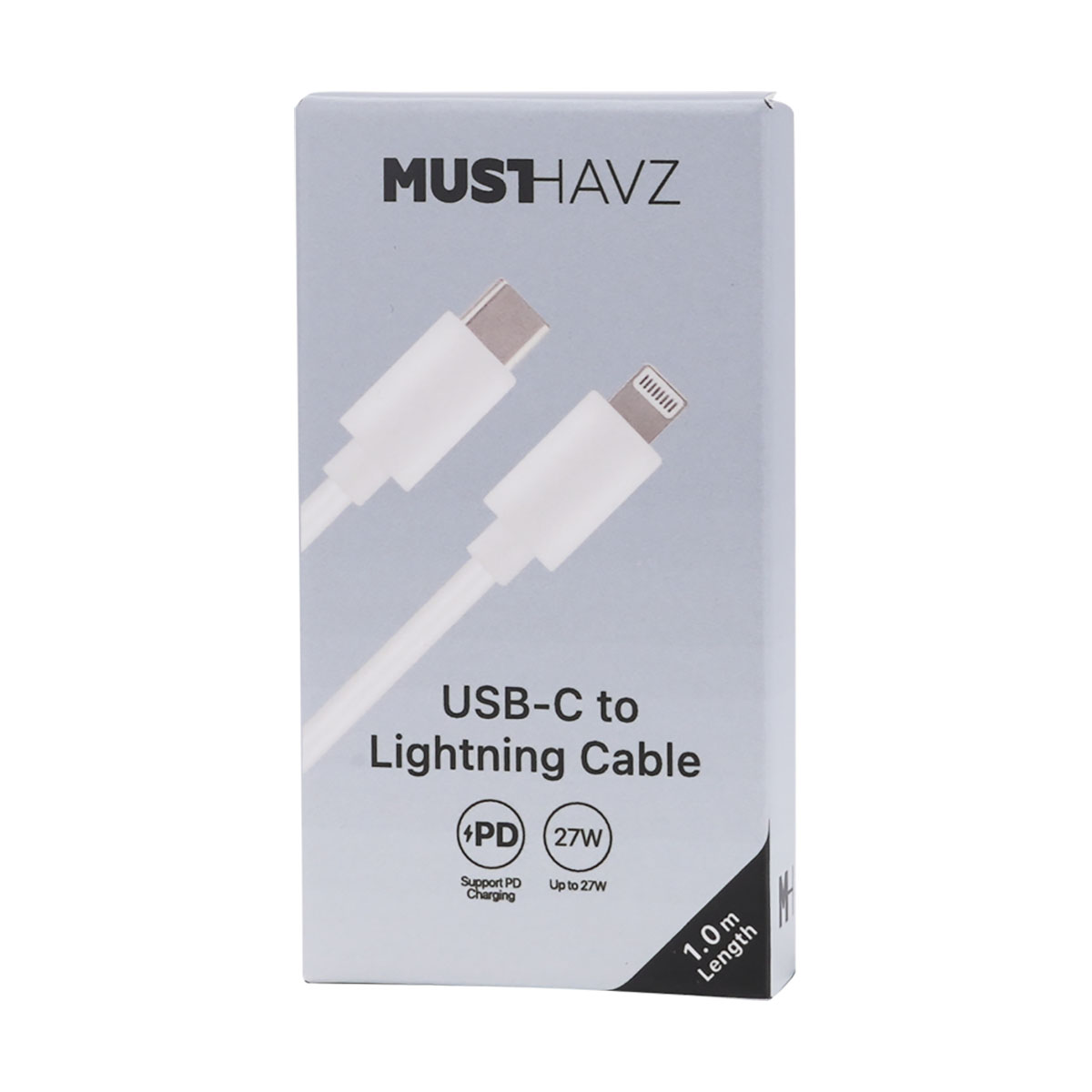 Emballage de câble USB-C vers Lightning blanc avec logo MUSTHAVZ et infos de charge.