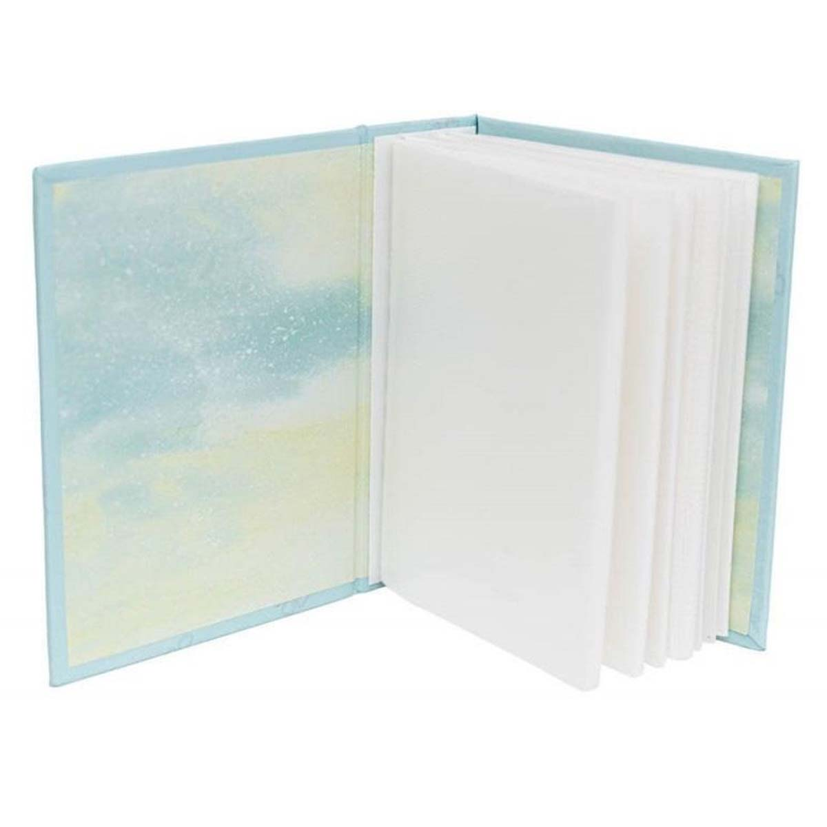 Un album ouvert avec un design de nuages bleu et jaune et des pages blanches vides.