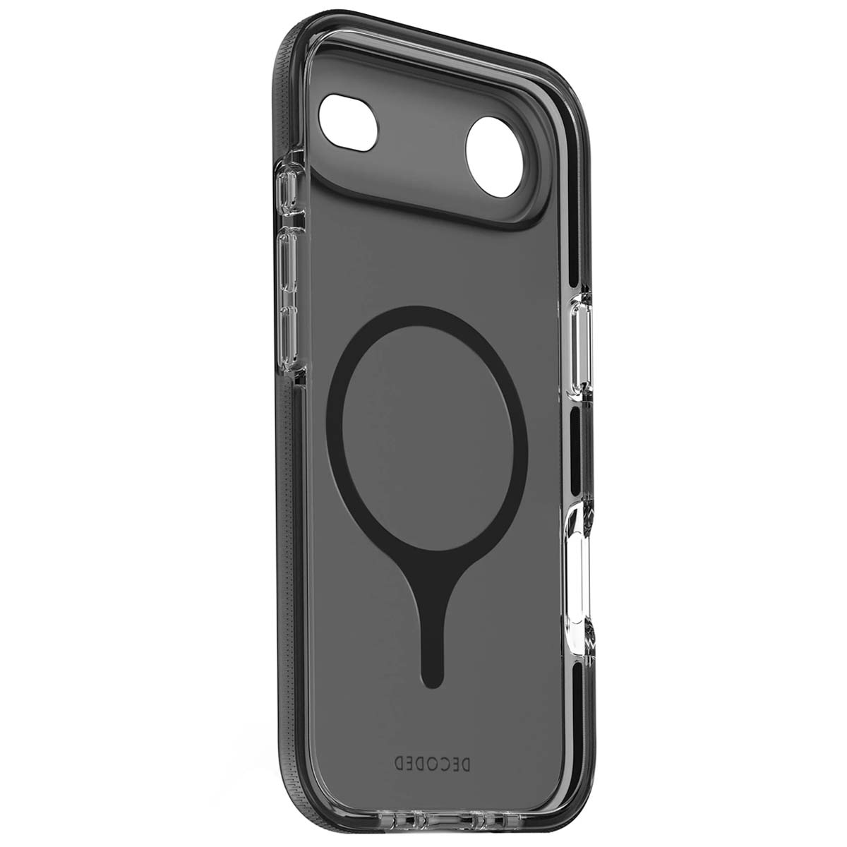 Custodia trasparente per telefono con cerchio nero e logo "DECODED".
