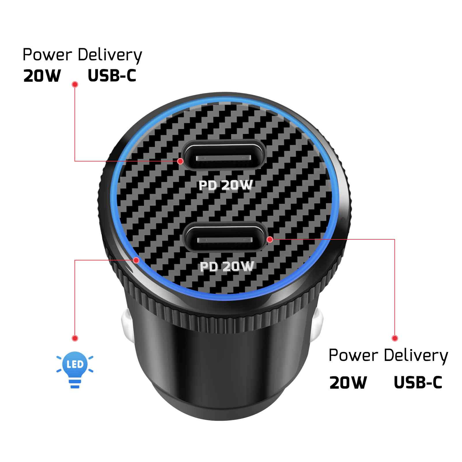Ein schwarzer Autoladegerät mit zwei USB-C-Anschlüssen, 20W PD.