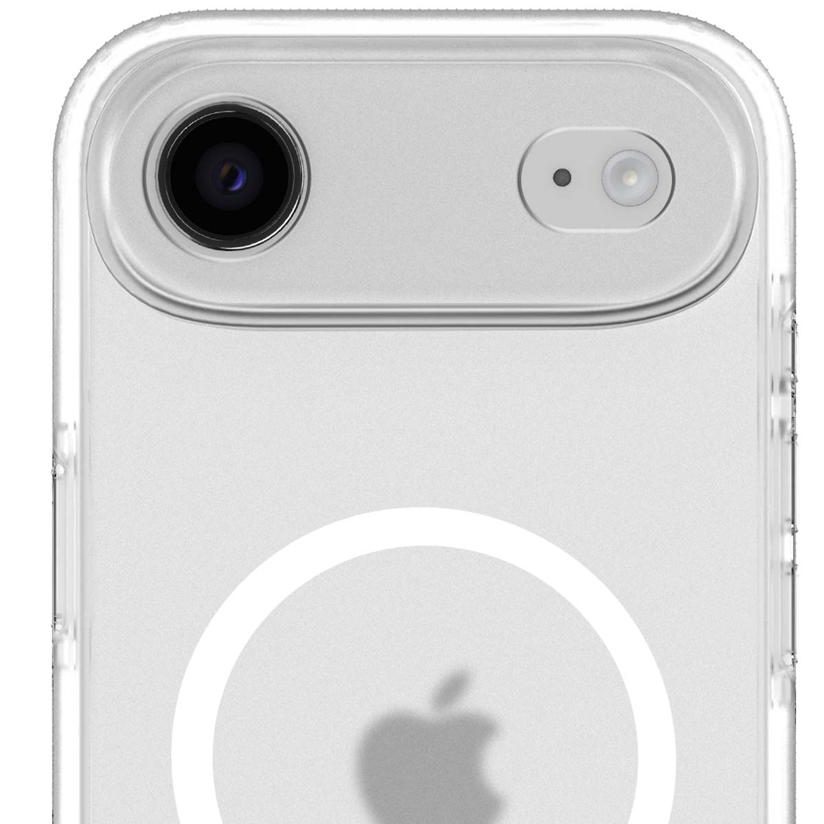 Custodia trasparente per telefono con obiettivo della fotocamera e logo Apple.