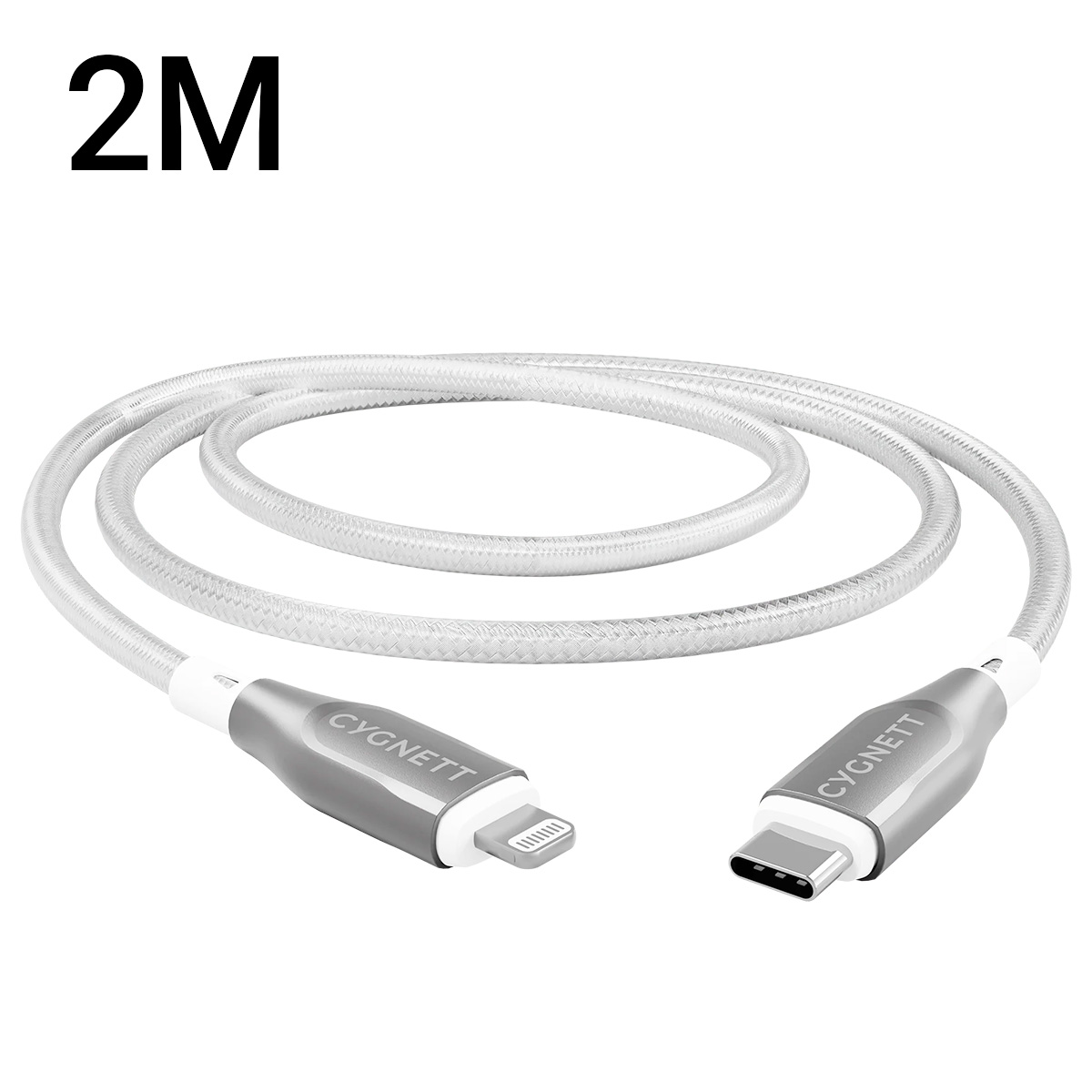 Ein 2M langes, geflochtenes USB-C-zu-Lightning-Kabel in Silber auf weißem Hintergrund.
