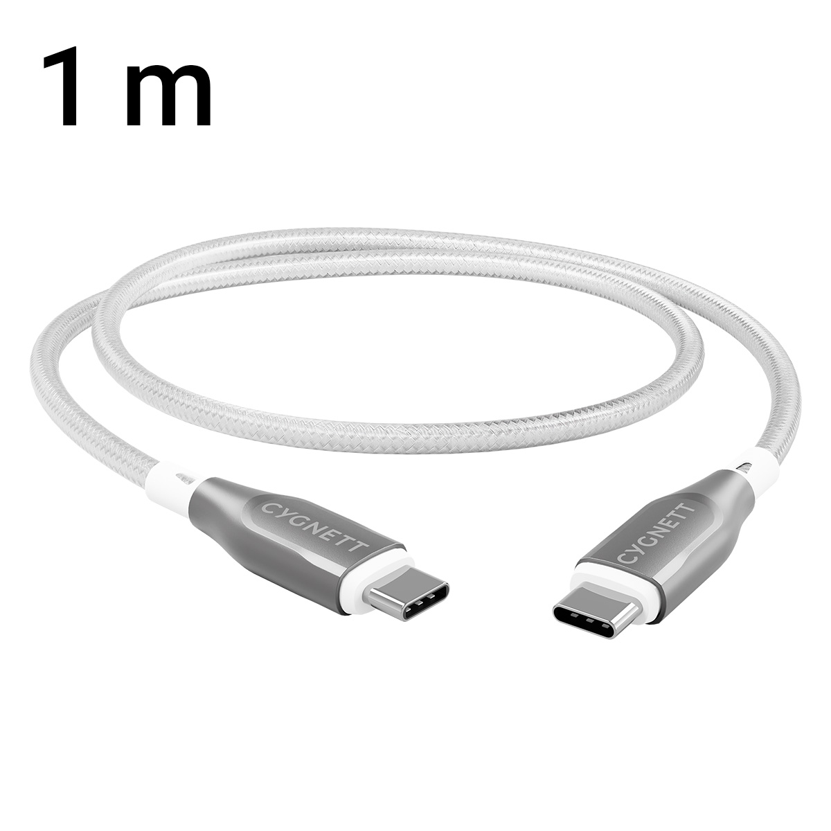 Un cavo USB-C argentato da 1 m su sfondo bianco.