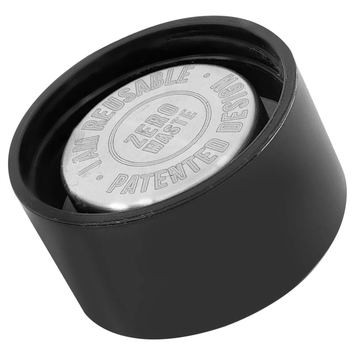Schwarzer Deckel mit silbernem Einsatz, der „Zero Waste Patent Design“ anzeigt.
