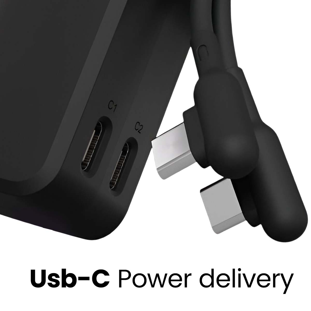 Chargeur USB-C noir avec deux ports, C1 et C2, et deux câbles USB-C.