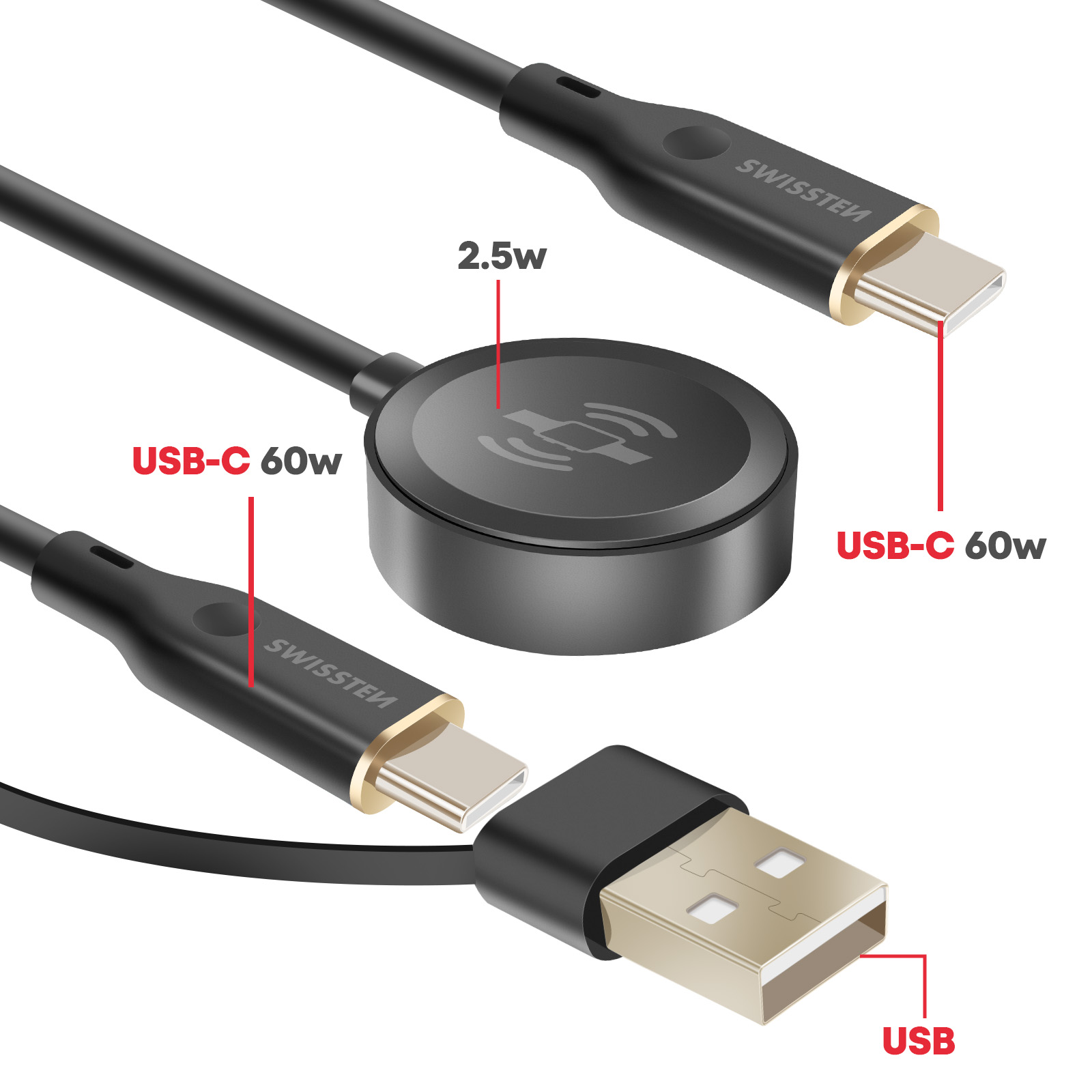 Cavo USB-C nero con dettaglio connettore dorato e disco di ricarica. 60W.