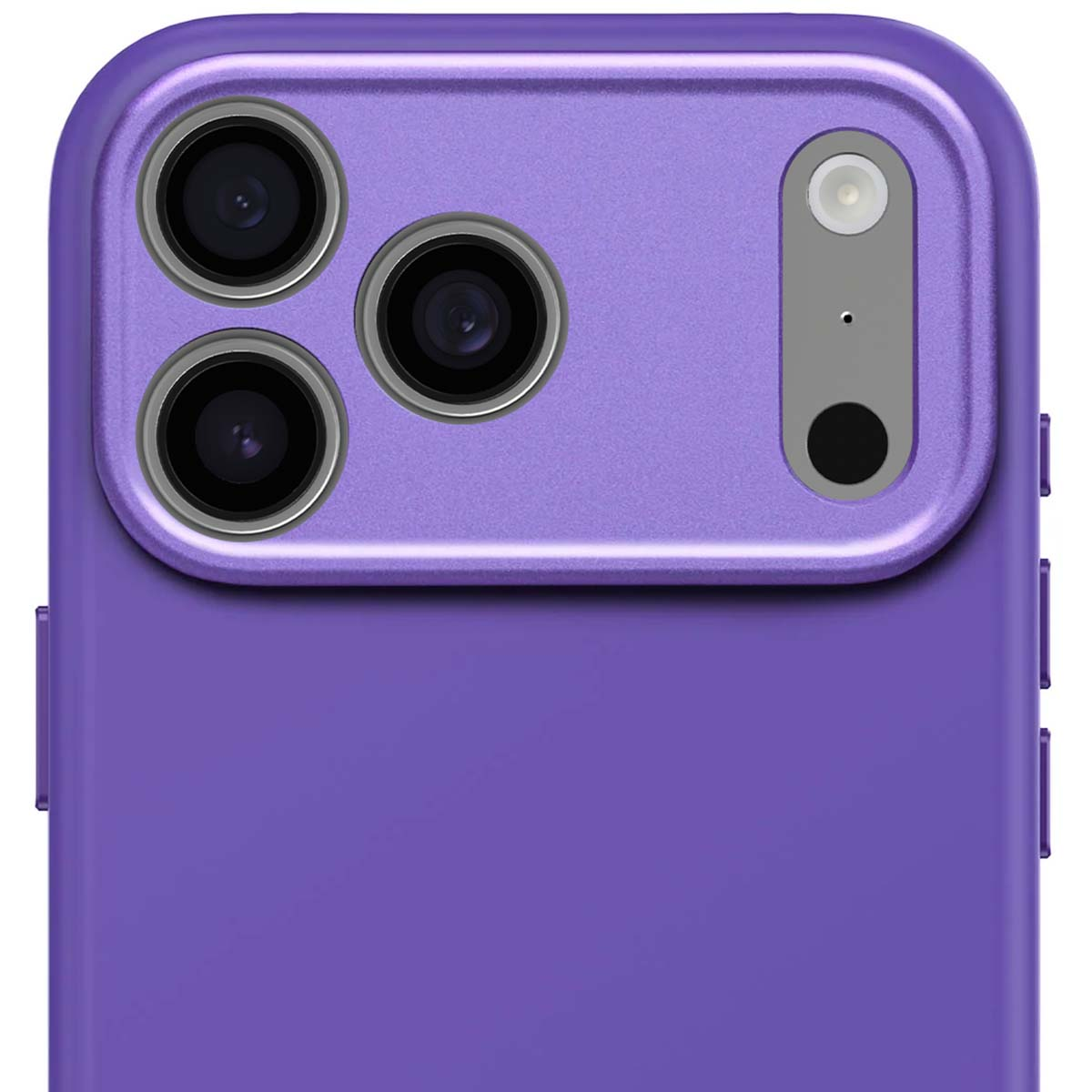 Custodia viola per telefono con tripla fotocamera e modulo flash.