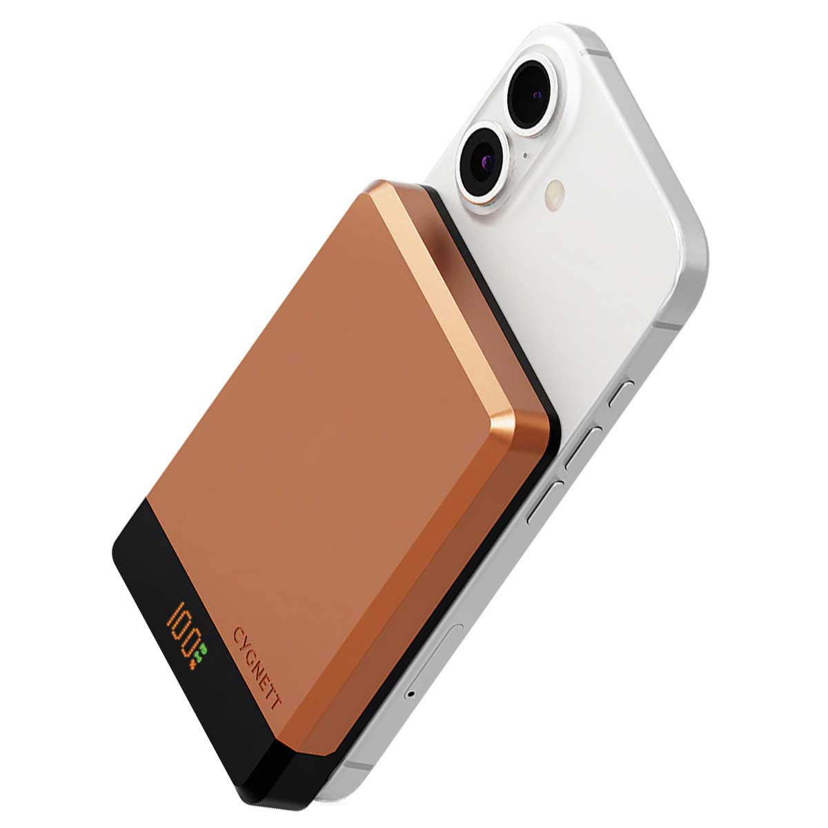 Un power bank color bronzo al 100% di carica attaccato al retro di un iPhone bianco.