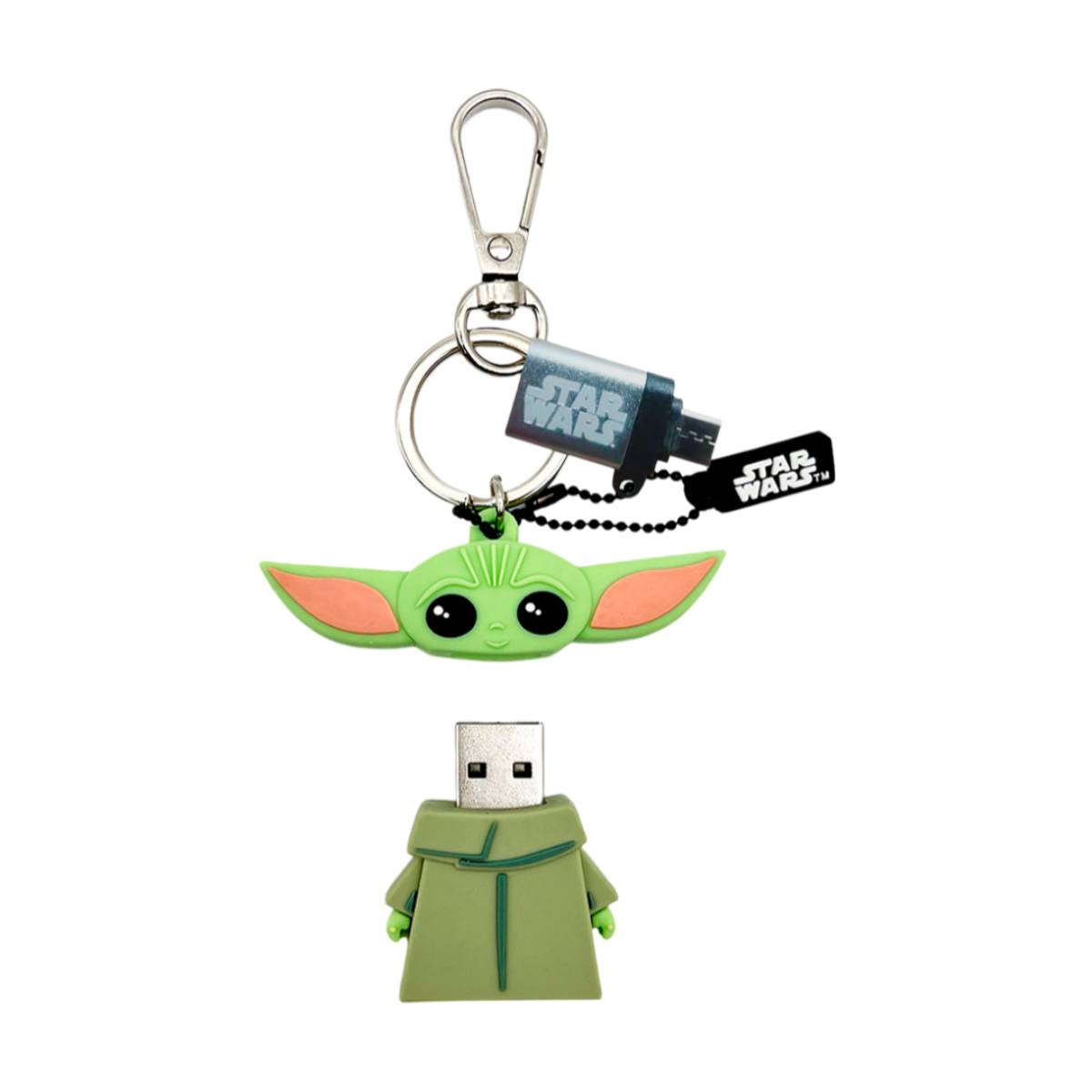 Un porte-clés à l'effigie de Baby Yoda et une clé USB en forme de Baby Yoda.