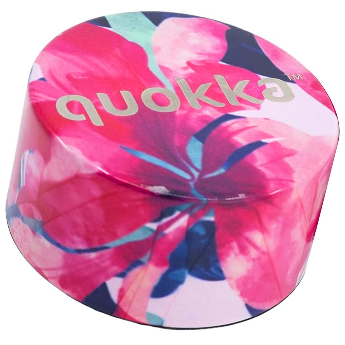 Contenitore rotondo con motivo floreale rosa e logo 'quokka'.