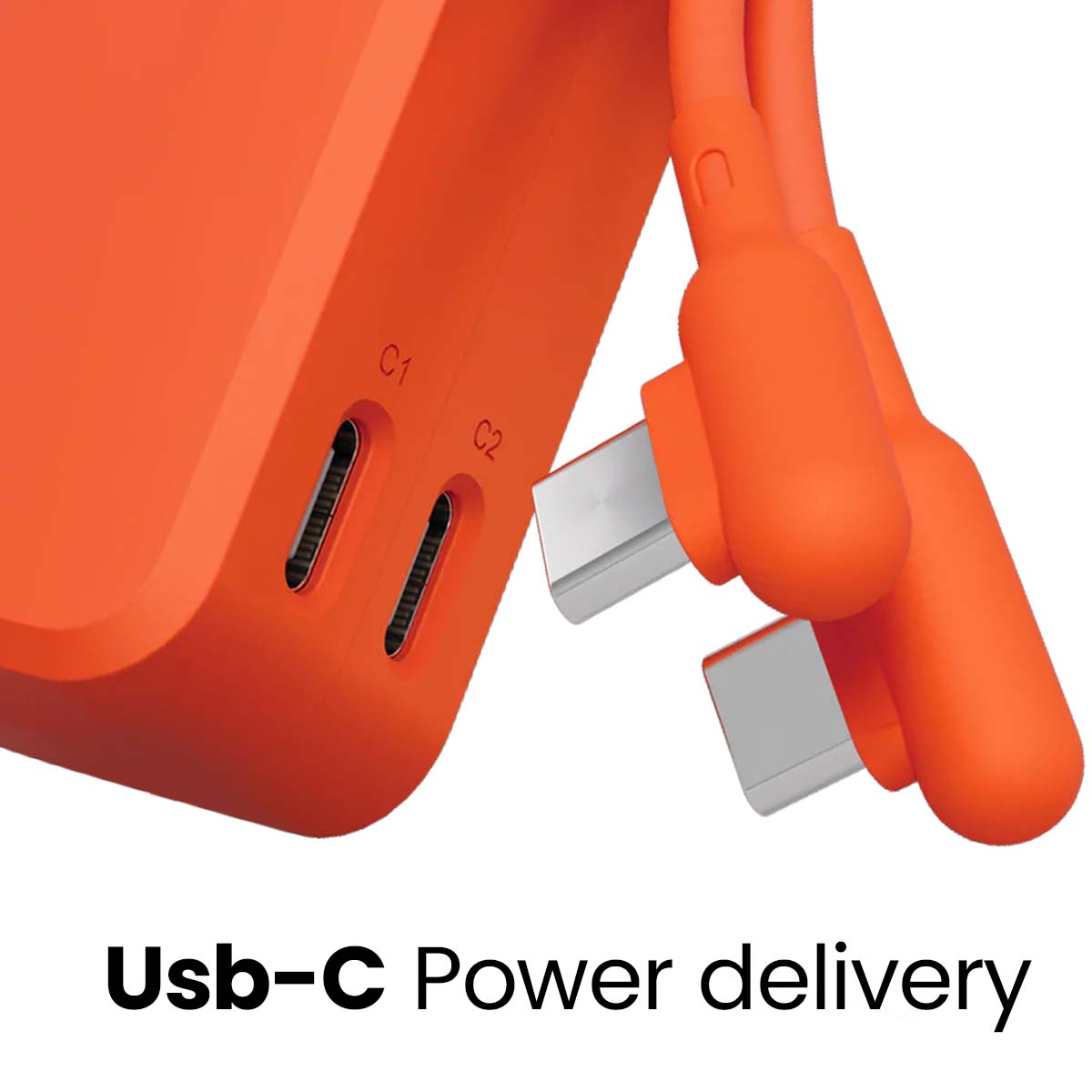 Orange Powerbank mit zwei USB-C-Anschlüssen und zwei Kabeln.