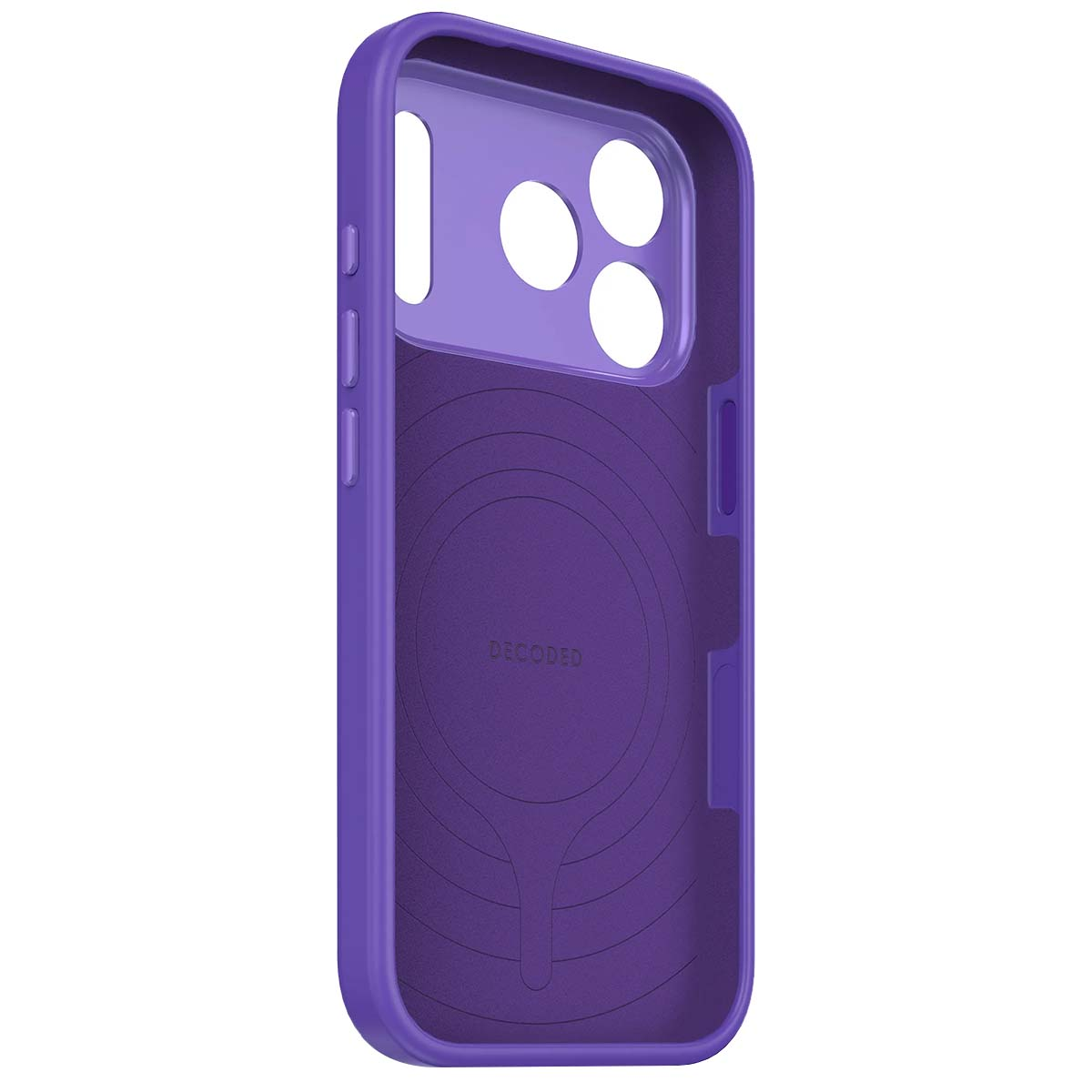 Custodia viola per telefono con ritagli per fotocamera e pulsanti.