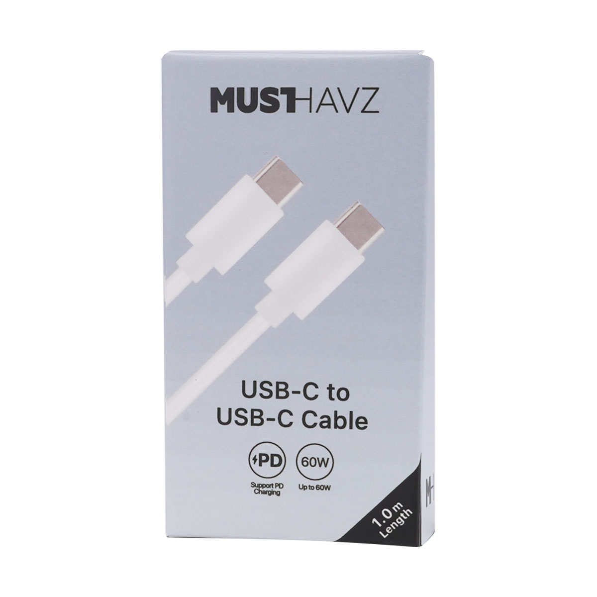 Confezione cavo USB-C a USB-C bianca con immagine prodotto e specifiche.
