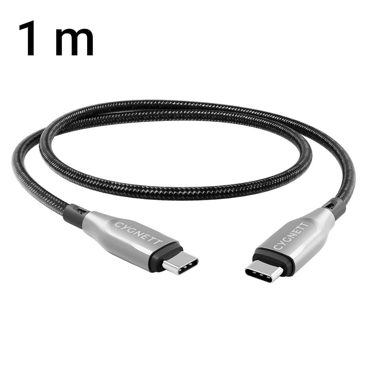 Un cavo USB-C nero con connettori argentati su sfondo bianco.