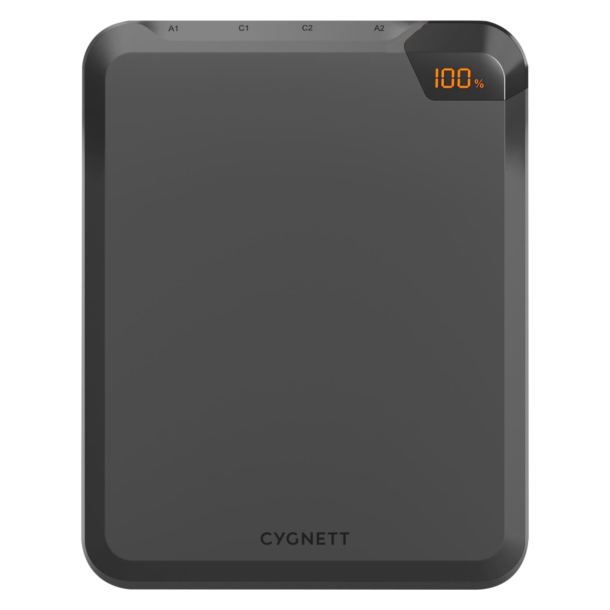 Batería externa gris oscuro con carga del 100% y puertos A1, C1, C2, A2.