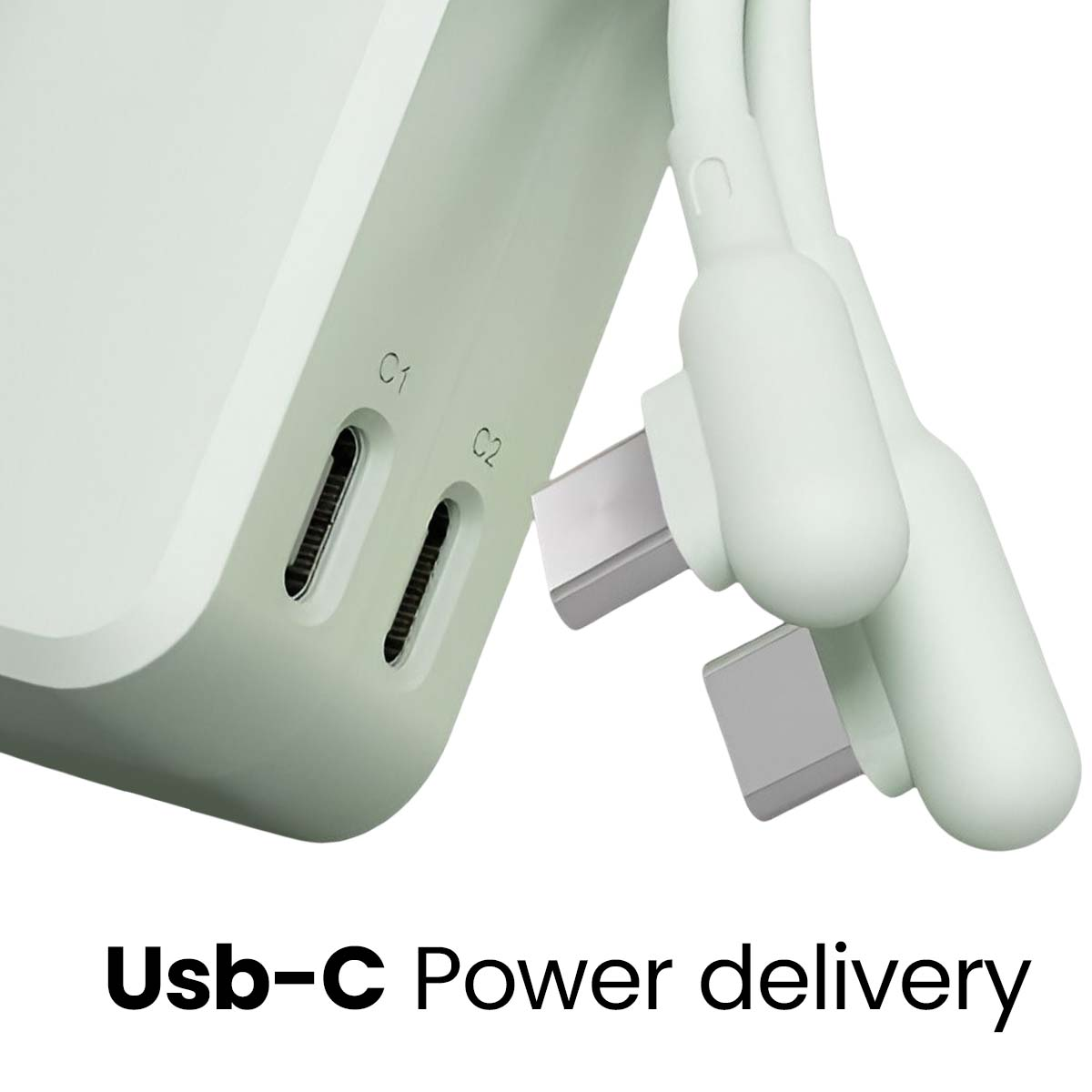 Ein hellgrünes Netzteil mit zwei USB-C-Anschlüssen und zwei weißen USB-C-Kabeln.