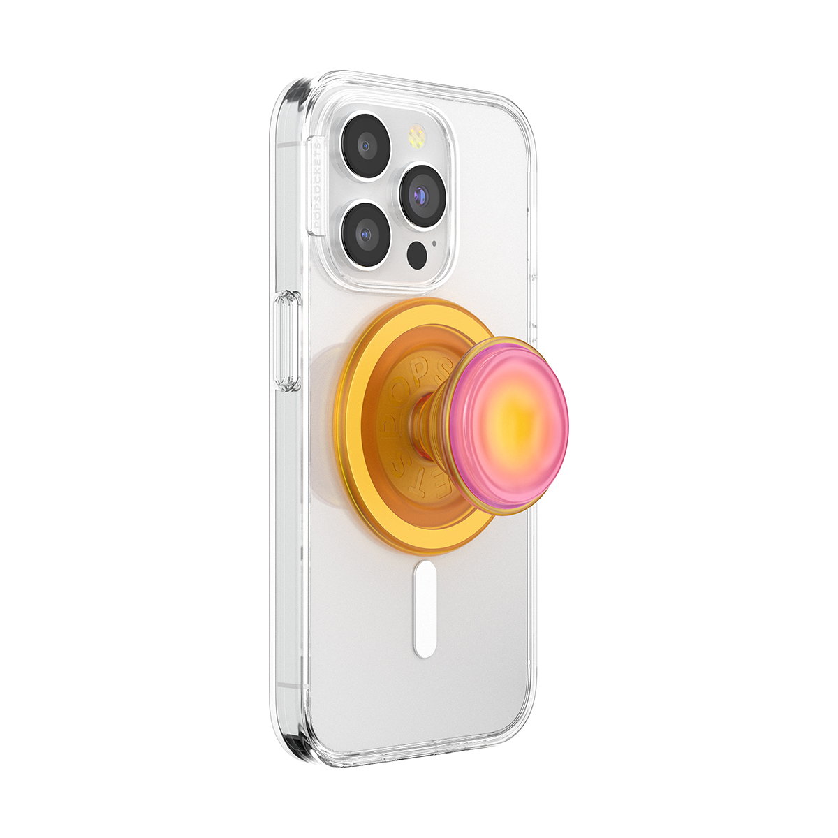 Un teléfono transparente con un PopSocket naranja y rosa en la parte trasera.