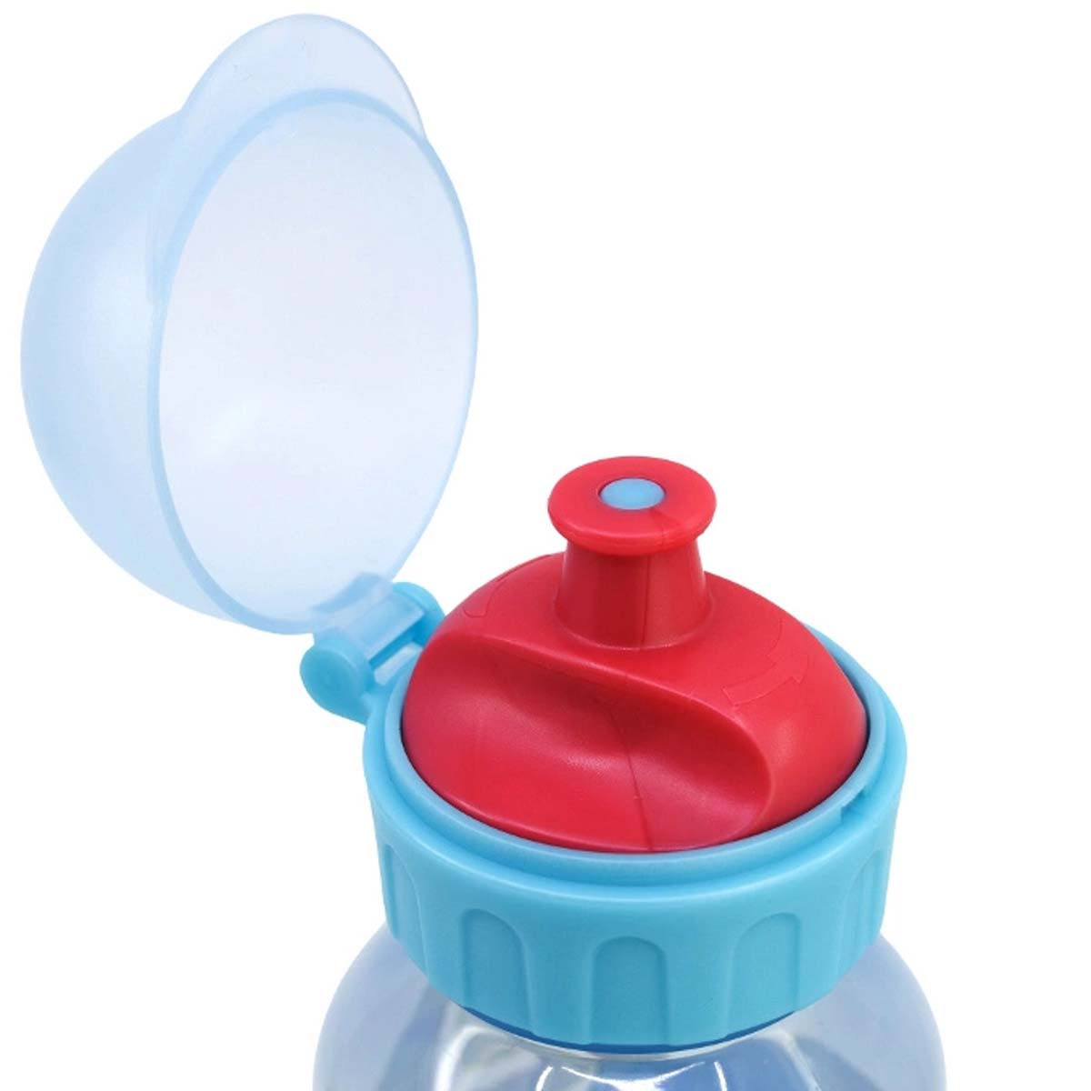 Ein blauer und roter Wasserflaschenverschluss mit offenem Deckel.