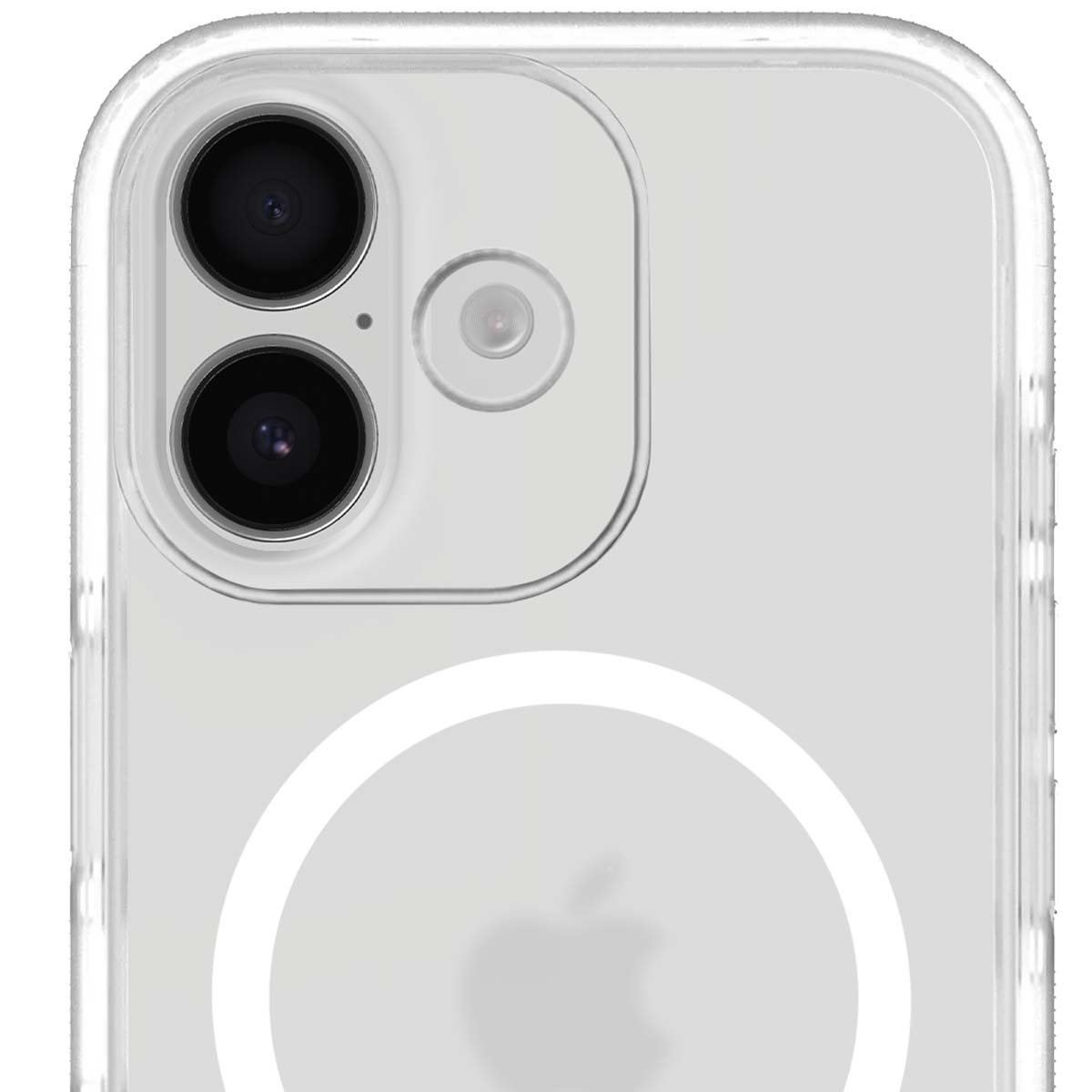 Retro di custodia trasparente con due lenti e logo Apple.
