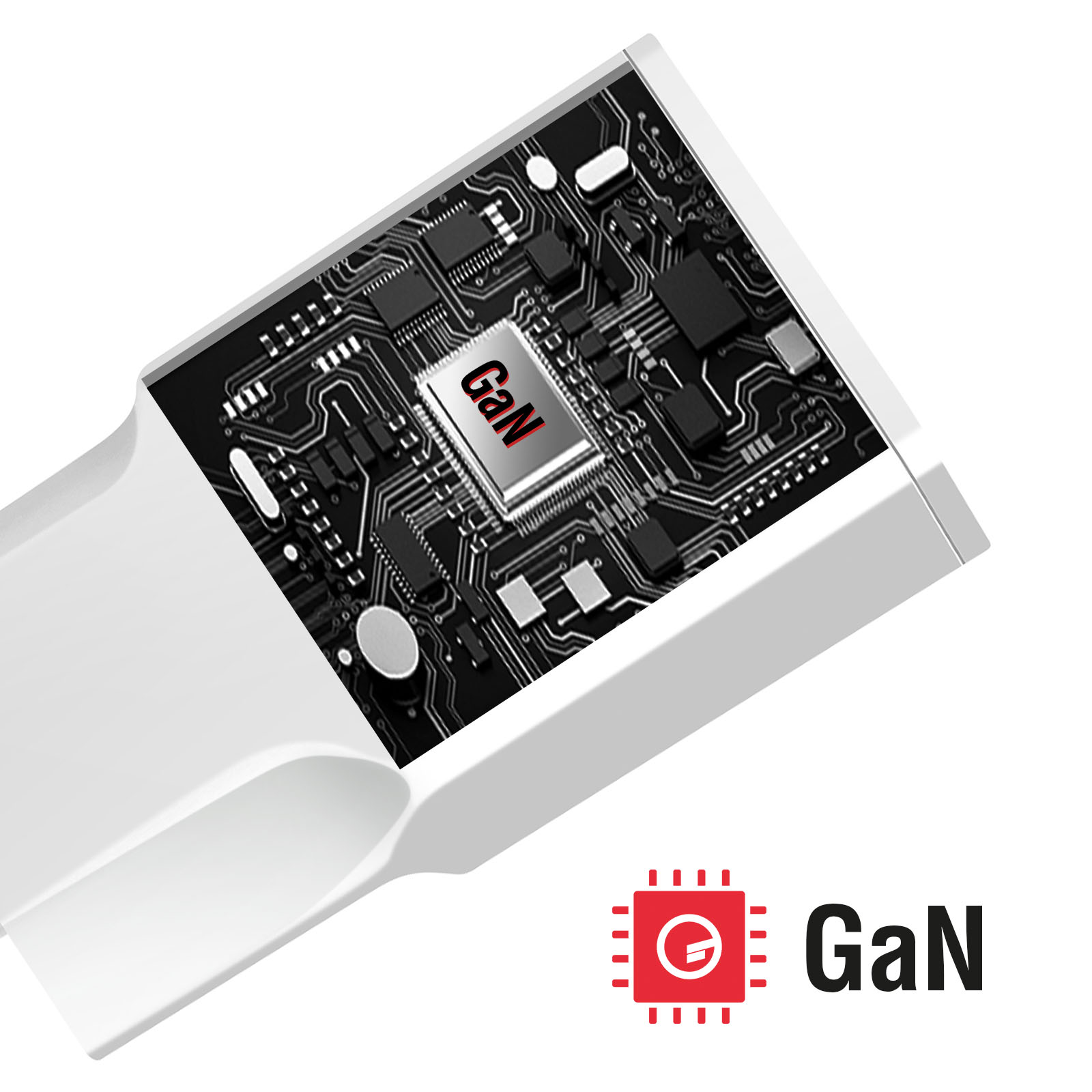 Un caricabatterie bianco con un circuito stampato che mostra "GaN".