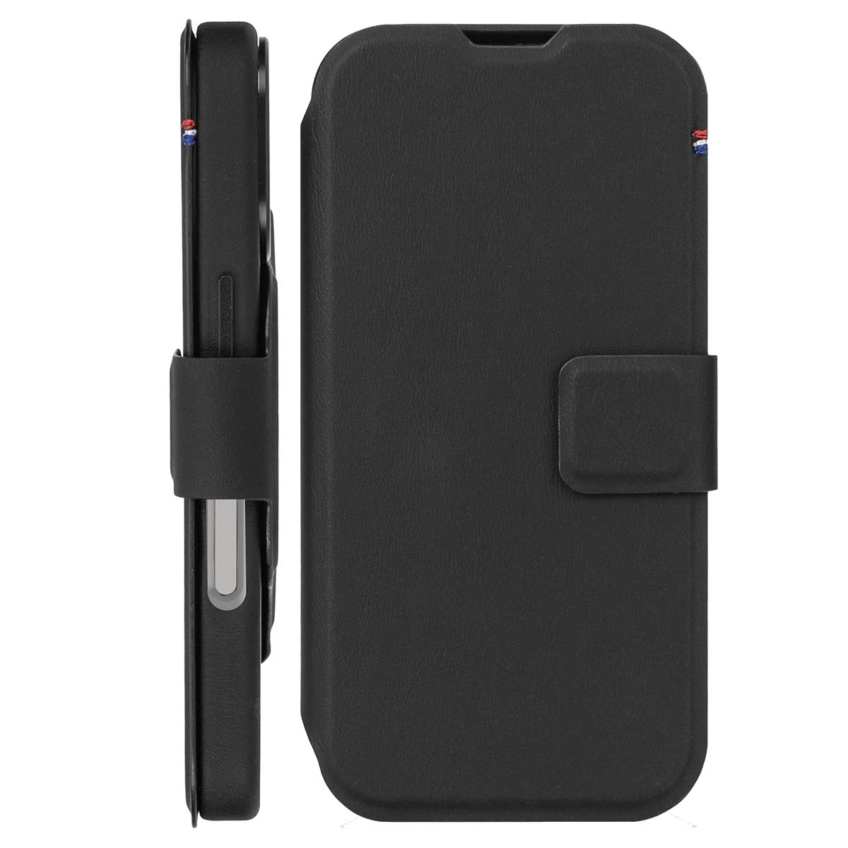 Schwarzes Leder-Flip-Case für ein Smartphone, auf weißem Hintergrund.