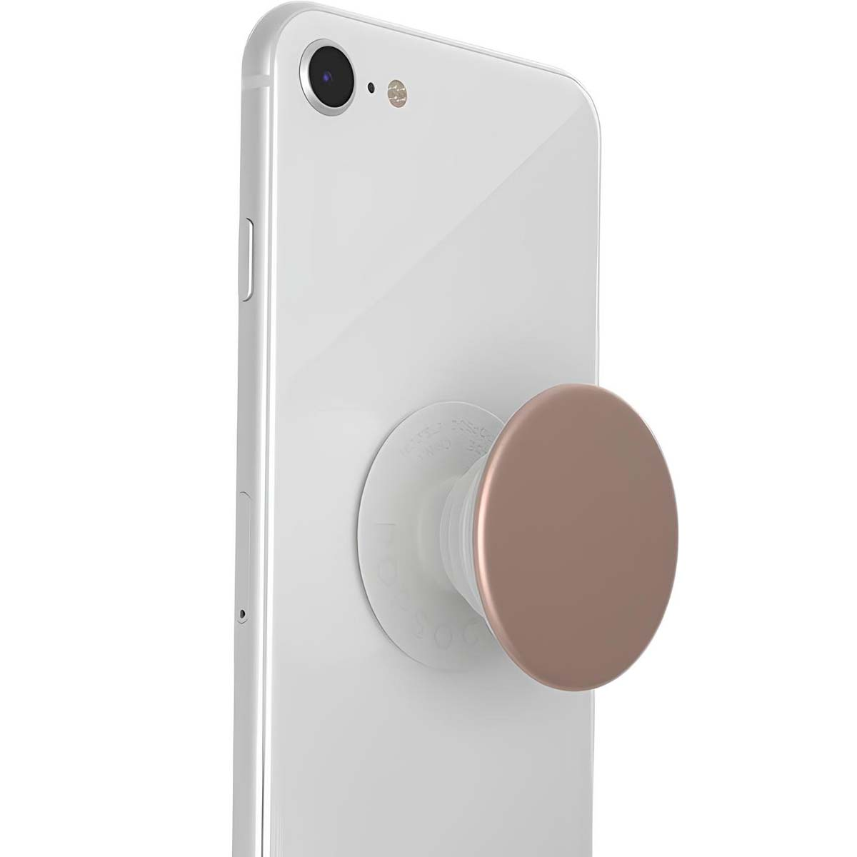 Un smartphone blanco con un PopSocket oro rosa en la parte trasera.