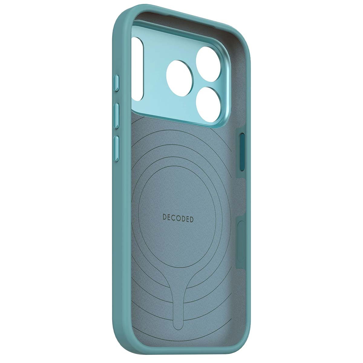 Una custodia blu per telefono con ritaglio fotocamera e logo.