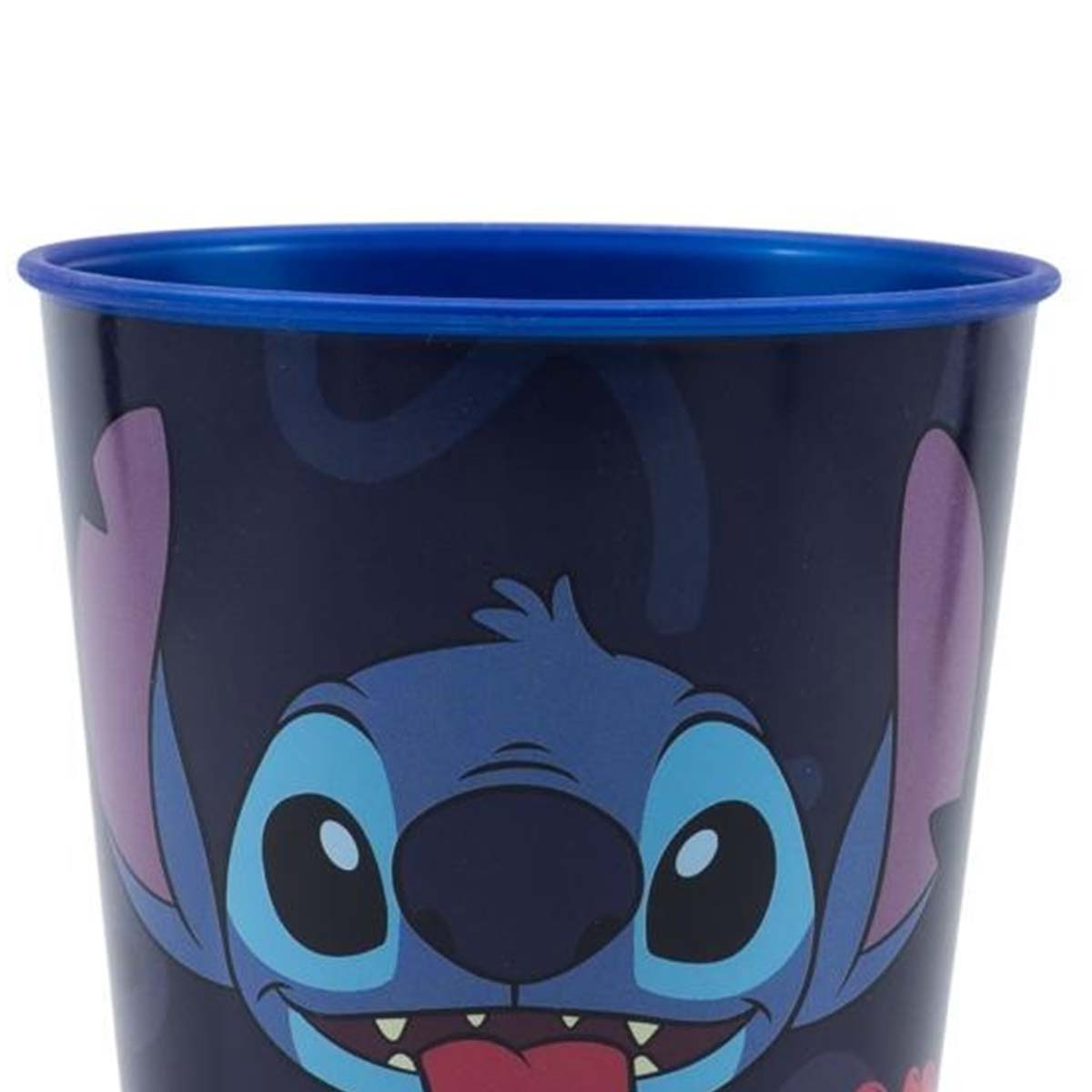 Bicchiere blu con faccia di Stitch e orecchie viola. Bordo blu.