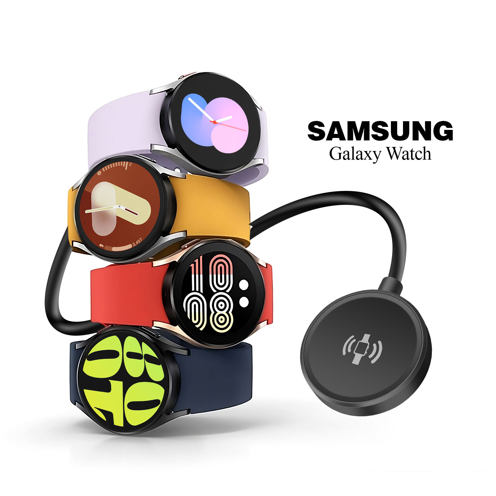 Quattro orologi Samsung Galaxy in vari colori con caricabatterie.