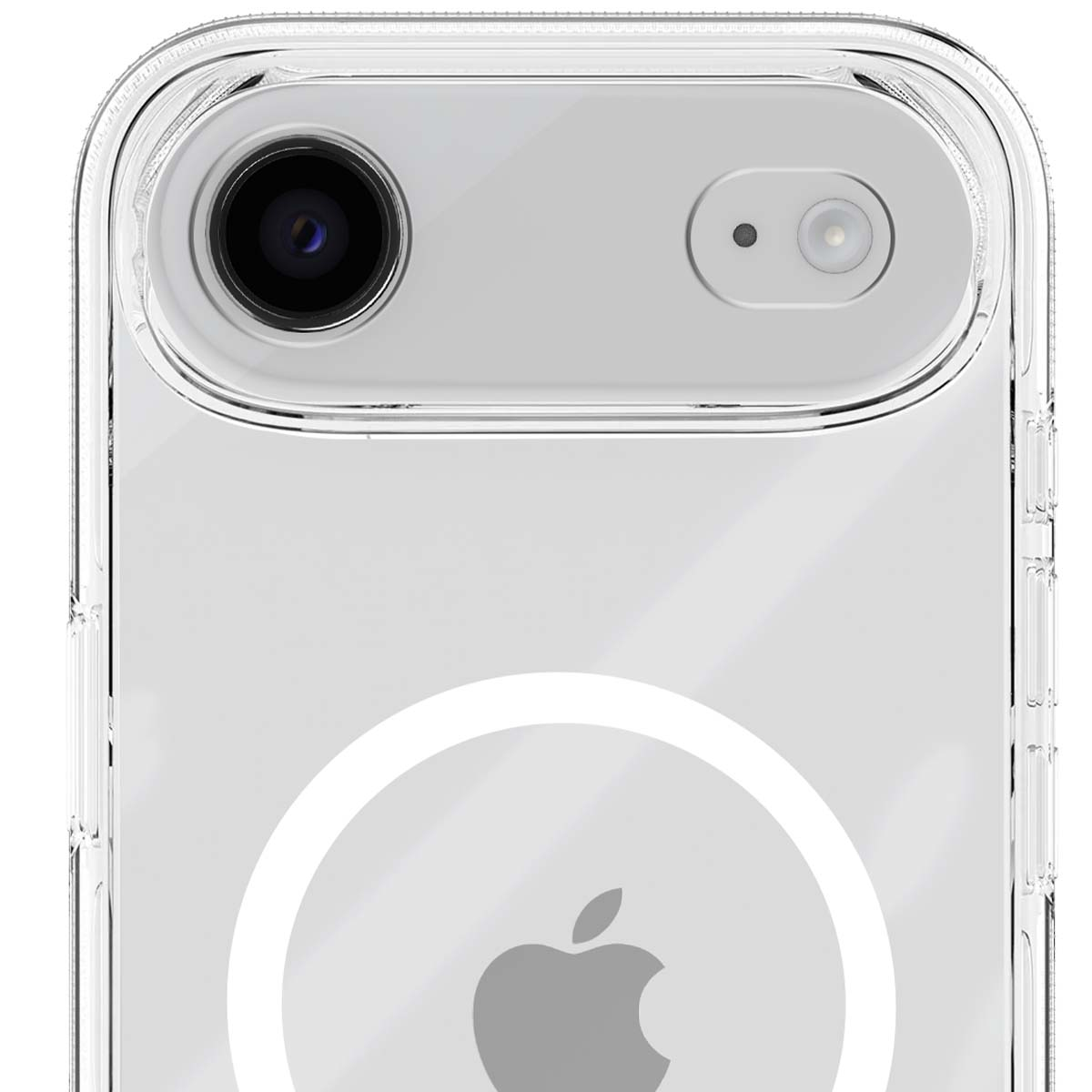 Primo piano di una custodia trasparente con logo Apple e obiettivi.