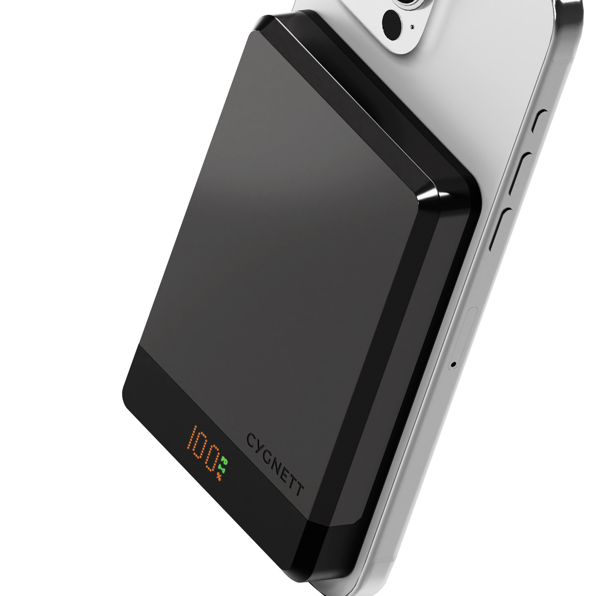 Ein schwarzes Handy-Ladegerät ist an der Rückseite eines silbernen Smartphones befestigt.