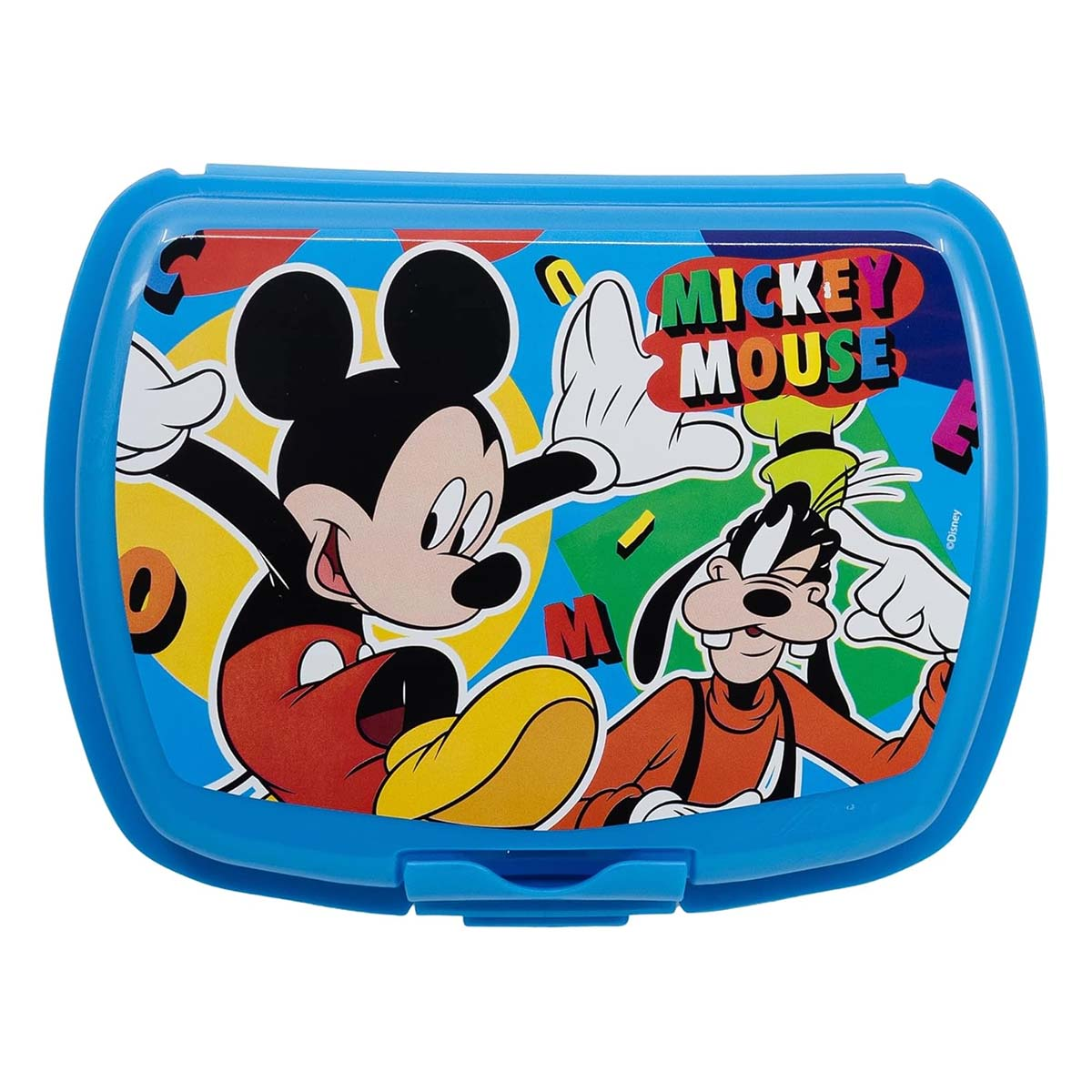 Portapranzo blu con Topolino e Pippo sul coperchio.