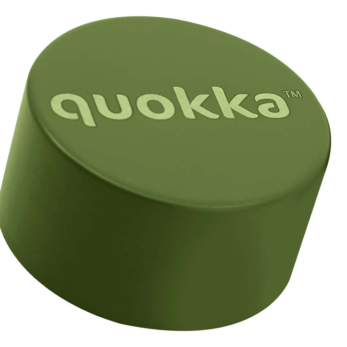 Contenitore cilindrico verde con logo 'quokka'.
