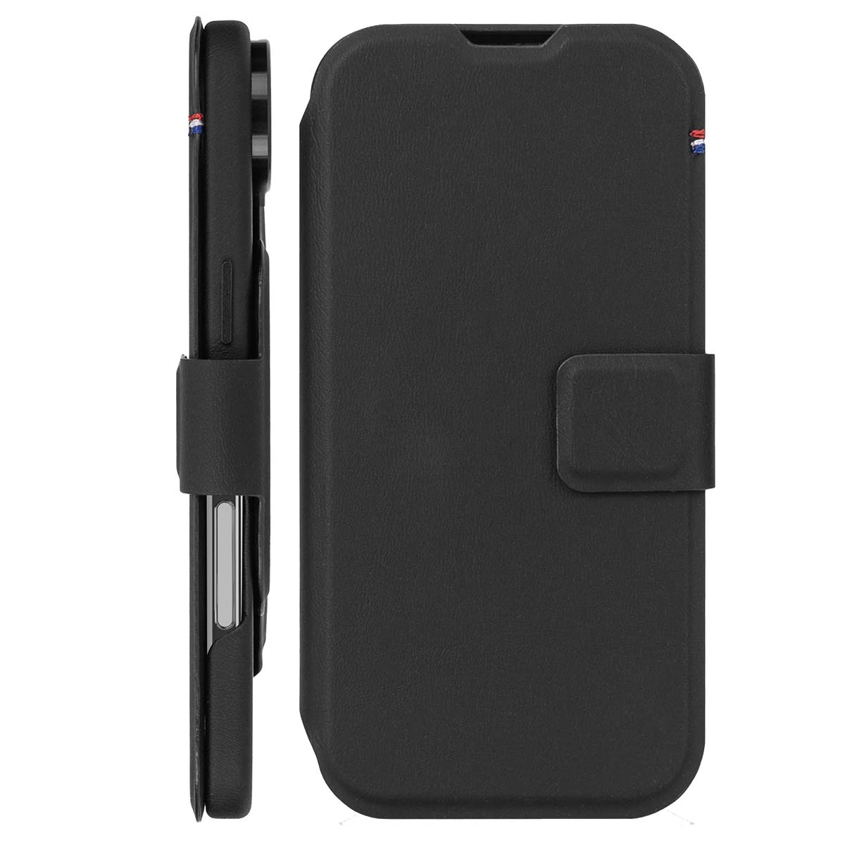 Schwarzes Leder-Flip-Case mit roter, weißer und blauer Flaggenverzierung.