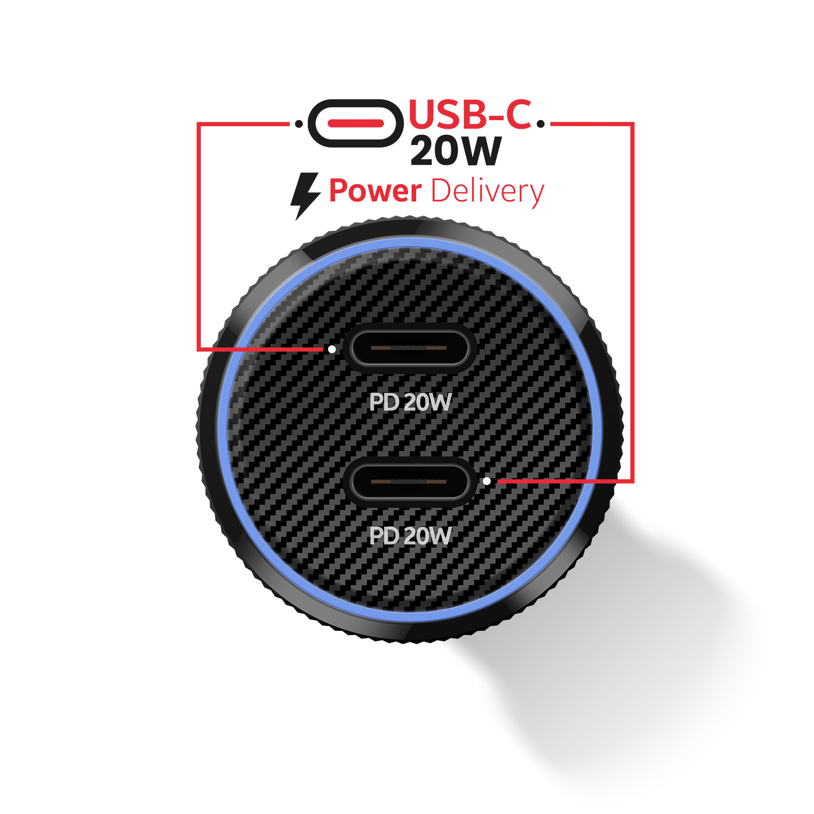 Un adattatore caricabatterie USB-C nero con due porte e illuminazione blu.